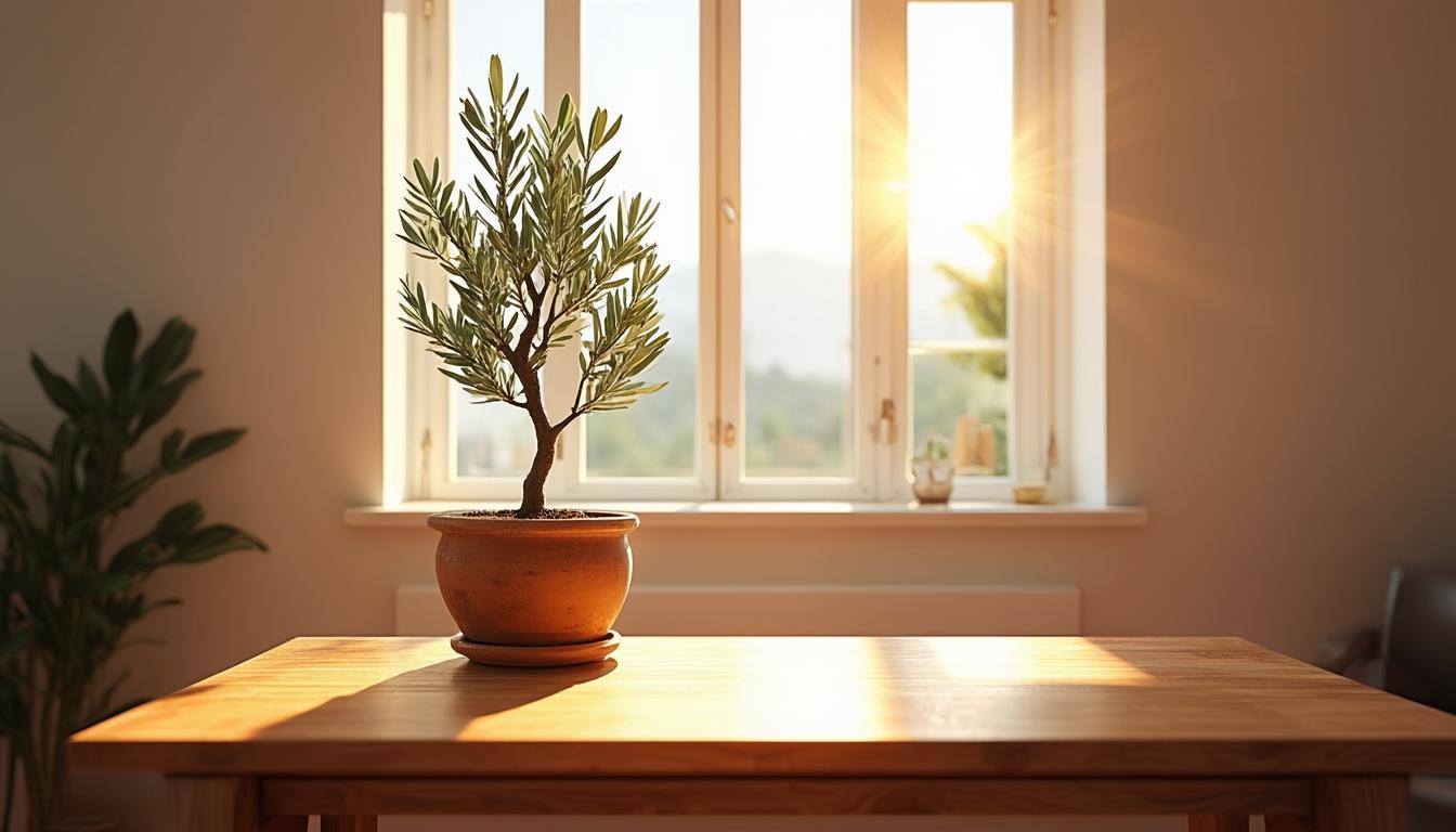 Potted olive tree near a sunny window
