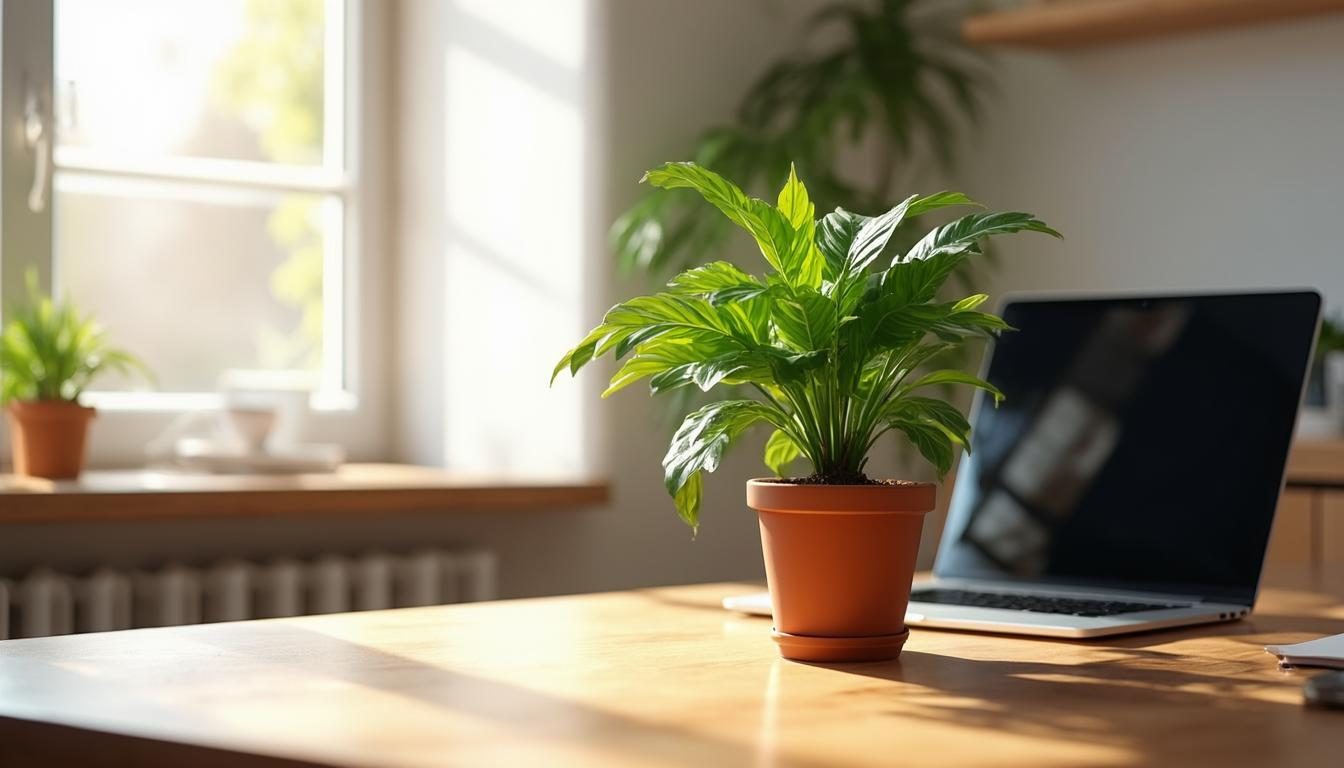 Parlor palm in a terracotta pot on a home office desk