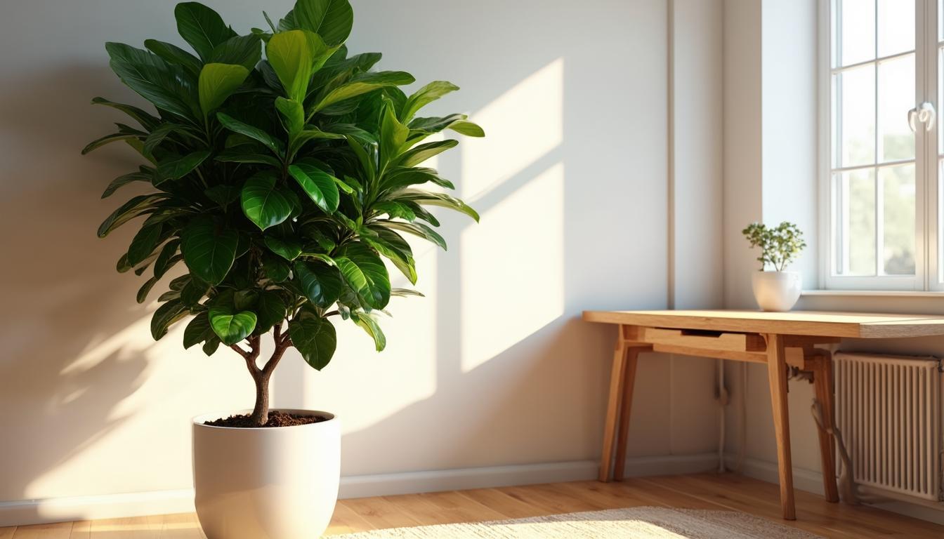 Rubber plant beside a wooden desk in a bright home office