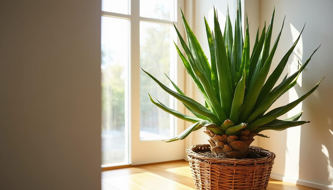 Yucca plant in a basket pot beside a bright window